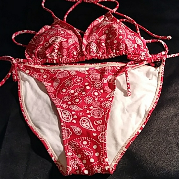 OP 2 Pc String Bikini Red/White Print L - Picture 2 of 8